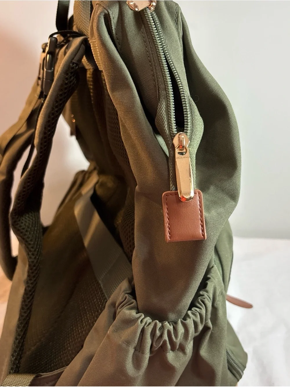 Mommore Brand Olive Green Canvas Travel Backpack with Brown Trim